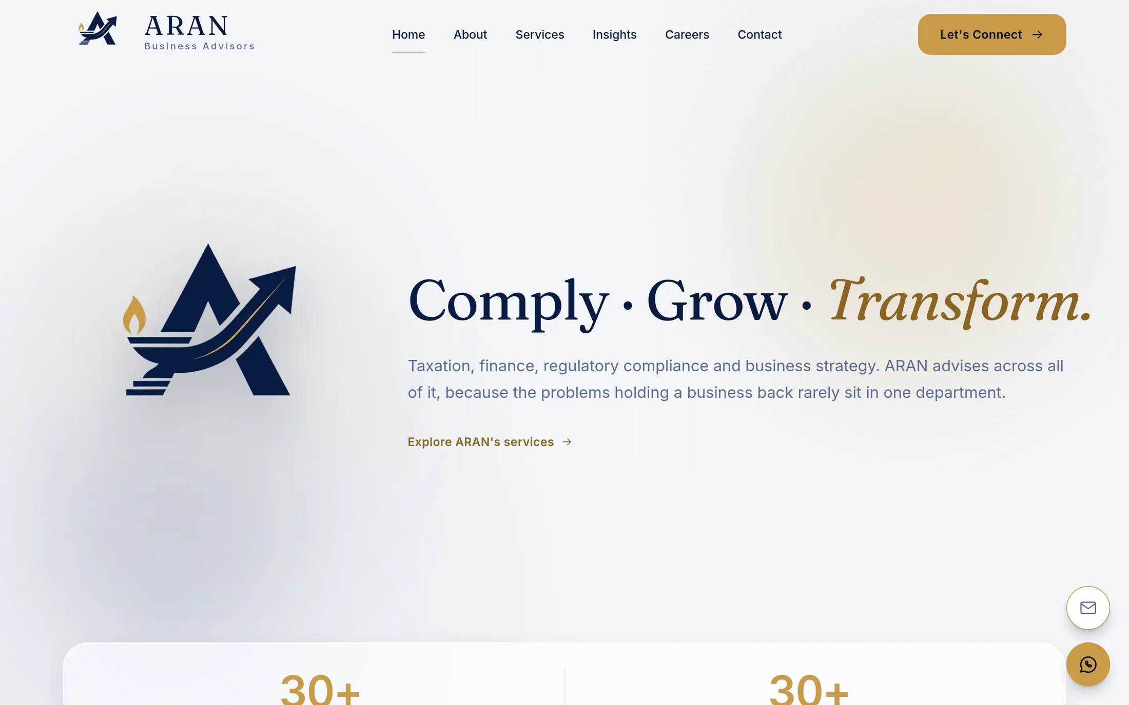 ARAN Business Advisors · homepage, shown on a desktop browser
