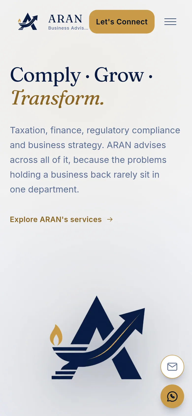 ARAN Business Advisors homepage shown on a mobile device
